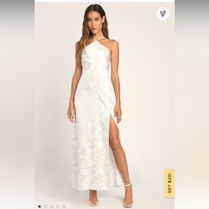 White Satin Halter Slit Maxi Dress